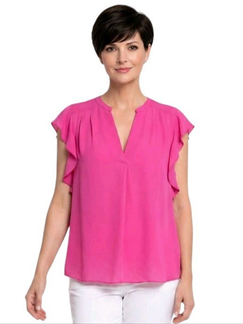 Zac & Rachel Fuchia Ruffle Flutter Sleeve Split-Neck Blouse Size L
